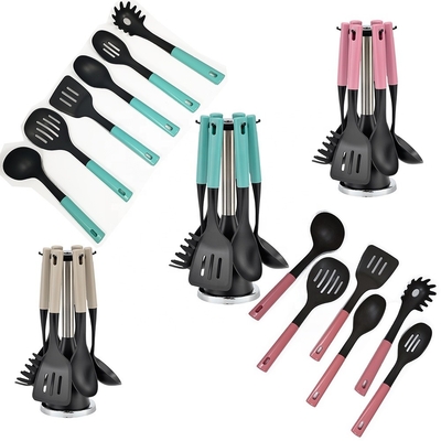 utensilios de cocina de plástico de 7 piezas con mango colorido ABS y material de efecto de madera