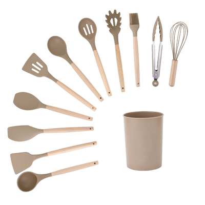 Conjunto de utensilios de cocina de mango de madera con caja de soporte y herramientas de cocina de silicona no adhesiva