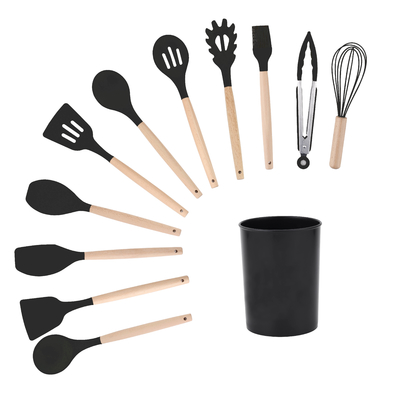 Conjunto de utensilios de cocina de mango de madera con caja de soporte y herramientas de cocina de silicona no adhesiva