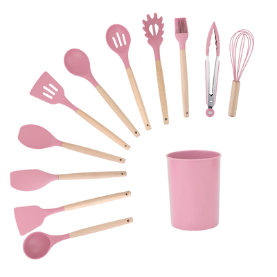 Conjunto de utensilios de cocina de mango de madera con caja de soporte y herramientas de cocina de silicona no adhesiva