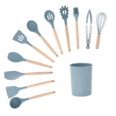 Conjunto de utensilios de cocina de mango de madera con caja de soporte y herramientas de cocina de silicona no adhesiva