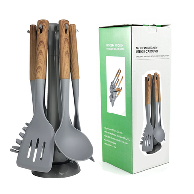 Impresión de seda o logotipo con grabado lujoso mango de madera Set de utensilios de cocina gris