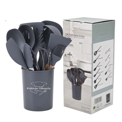 Impresión de seda o logotipo grabado 12PCS utensilios de cocina de silicona con soporte de plástico