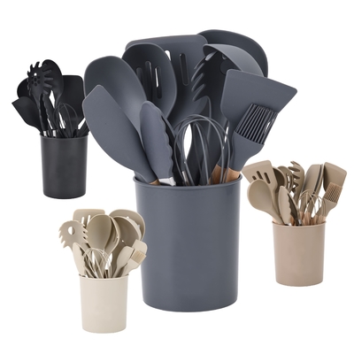 Impresión de seda o logotipo grabado 12PCS utensilios de cocina de silicona con soporte de plástico