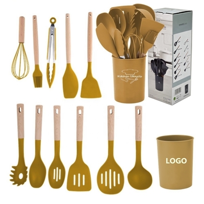 Herramientas de cocina de 12 piezas de silicona accesorios de cocina con asas de madera