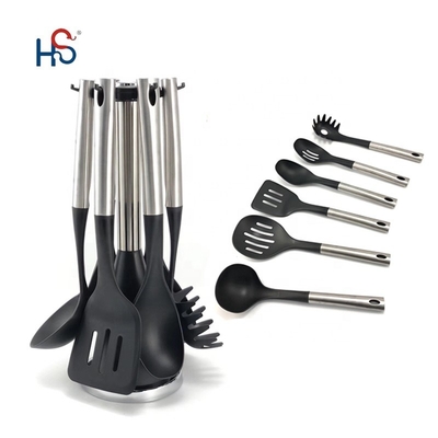 Set de utensilios de cocina de acero inoxidable de 7 piezas utensilios de cocina de nylon y logotipo personalizado