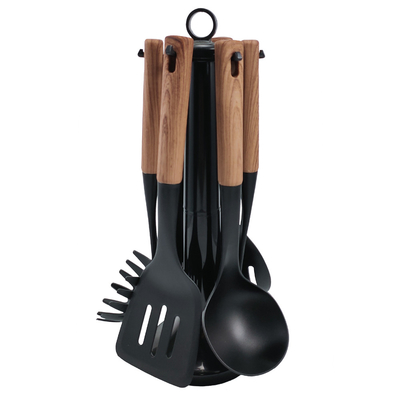 2024 Mejor vendedor mango de madera Silicona utensilios de cocina conjunto con material Nylon66