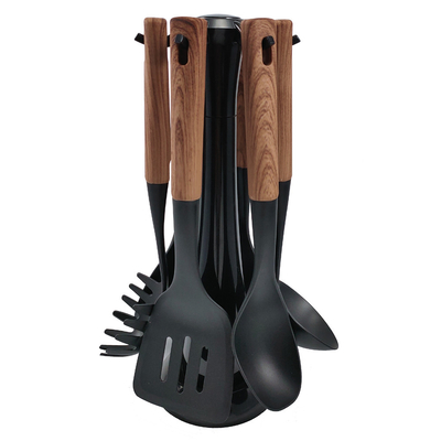 2024 Mejor vendedor mango de madera Silicona utensilios de cocina conjunto con material Nylon66