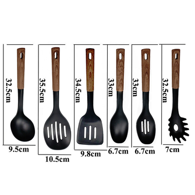 2024 Mejor vendedor mango de madera Silicona utensilios de cocina conjunto con material Nylon66