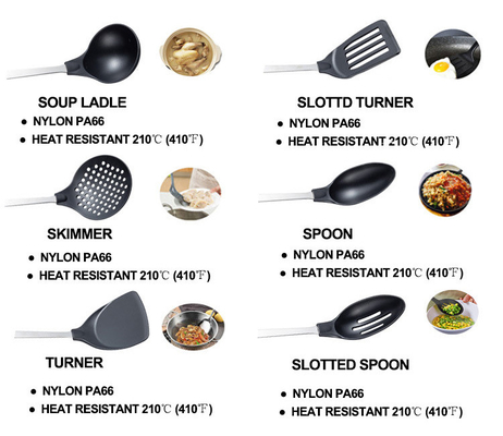 Dispositivos de cocina 6 piezas Conjunto de utensilios de cocina para cocinar a 210 °C Certificado ISO9001
