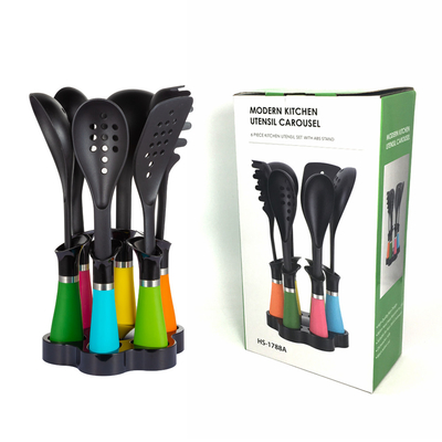 utensilios de cocina antiadherentes con manijas coloridas de nylon66 y logotipo de impresión de seda