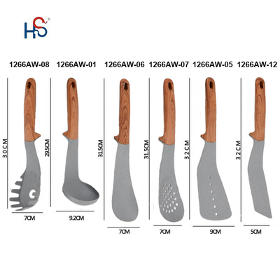 Conjunto de utensilios de cocina antiadherentes certificados ISO9001 con mango de acabado de madera y utensilios de cocina